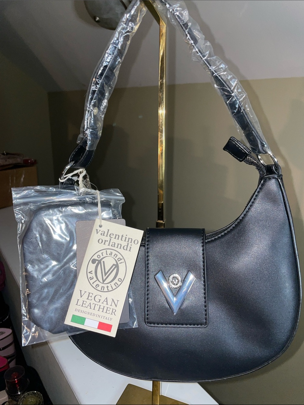 Black Crescent Shoulder Bag with V Accent